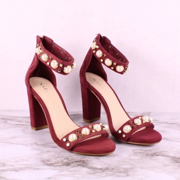 NariuWan Burgundy Pearl Studded Block Heel Sandals Size 7.5 Women's Open Toe‎ - Picture 1 of 8